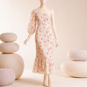 Hello Molly One-Shoulder Floral Midi Dress in Cream and Pink New With Tag XLG